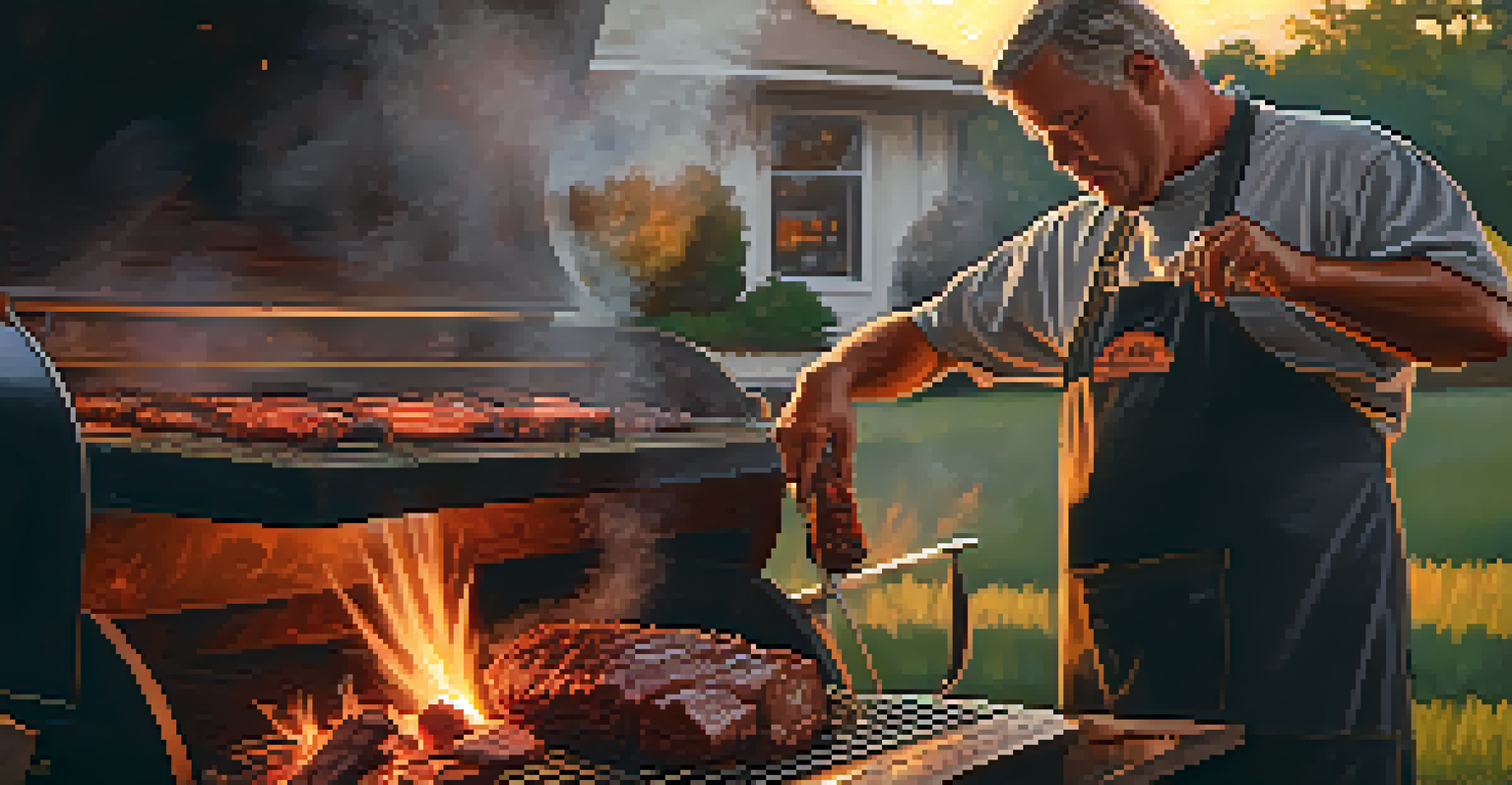 A pitmaster preparing brisket in an offset smoker with smoke and warm sunset lighting.