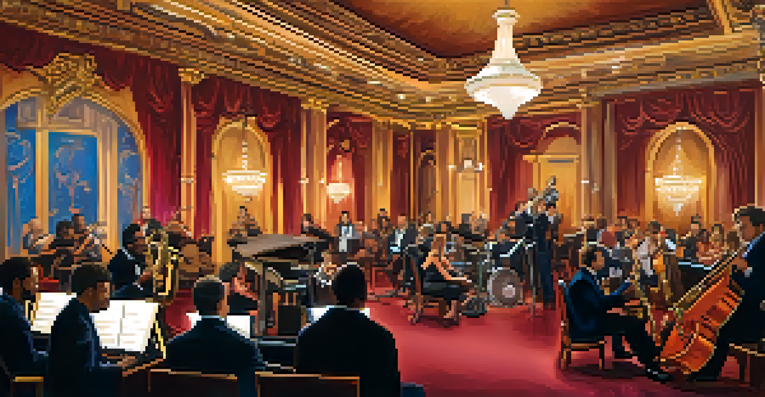 A jazz performance at the Rialto Center, with musicians on stage and an engaged audience, surrounded by ornate decor and colorful lighting.