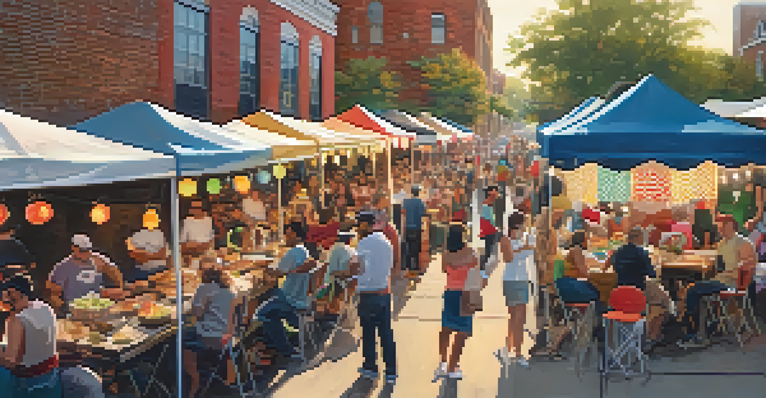 An outdoor food festival in Old Fourth Ward with diverse food stalls and people enjoying the atmosphere under string lights.