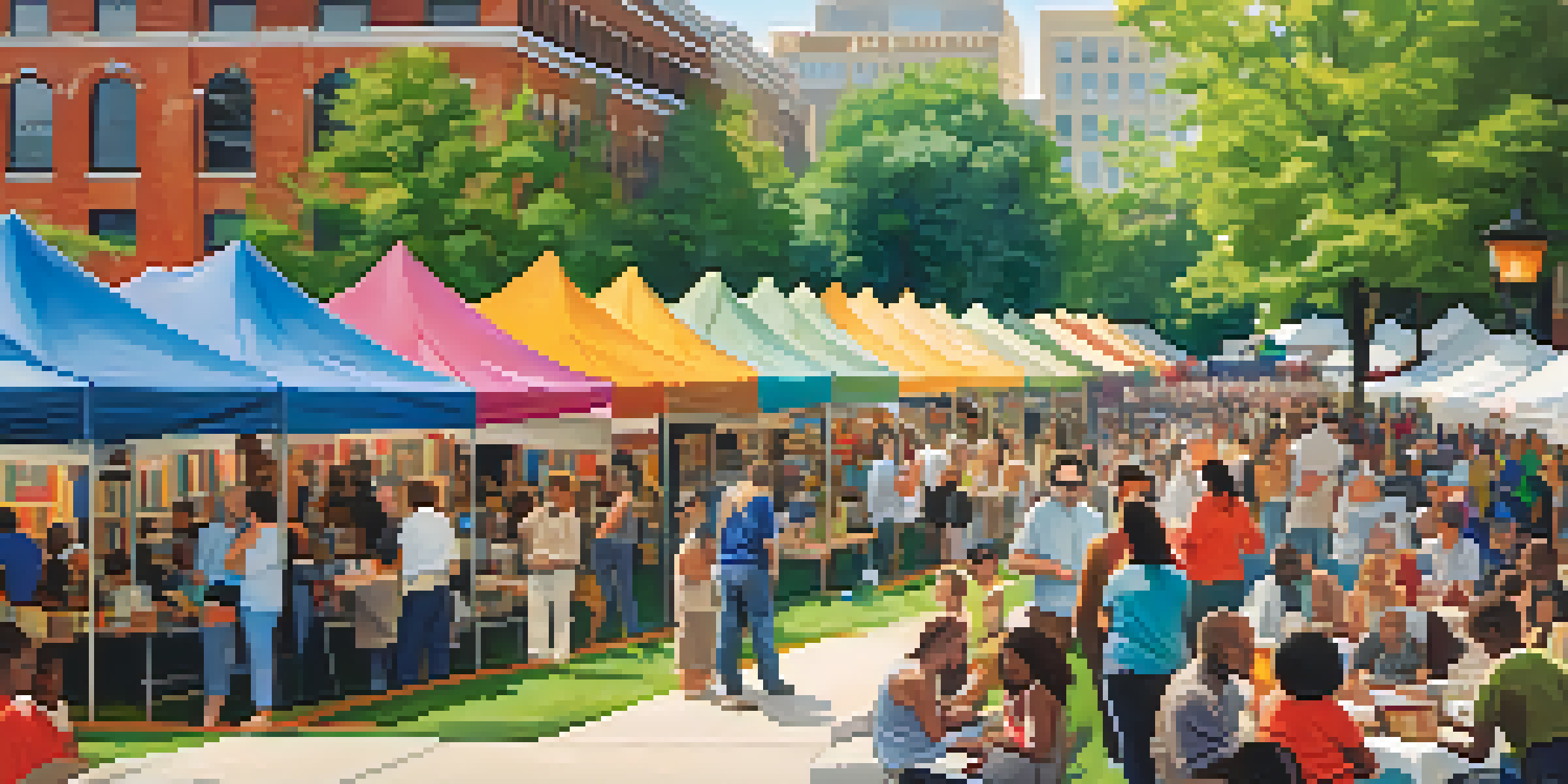 A lively outdoor book festival in Atlanta with colorful tents and diverse people engaging in discussions.