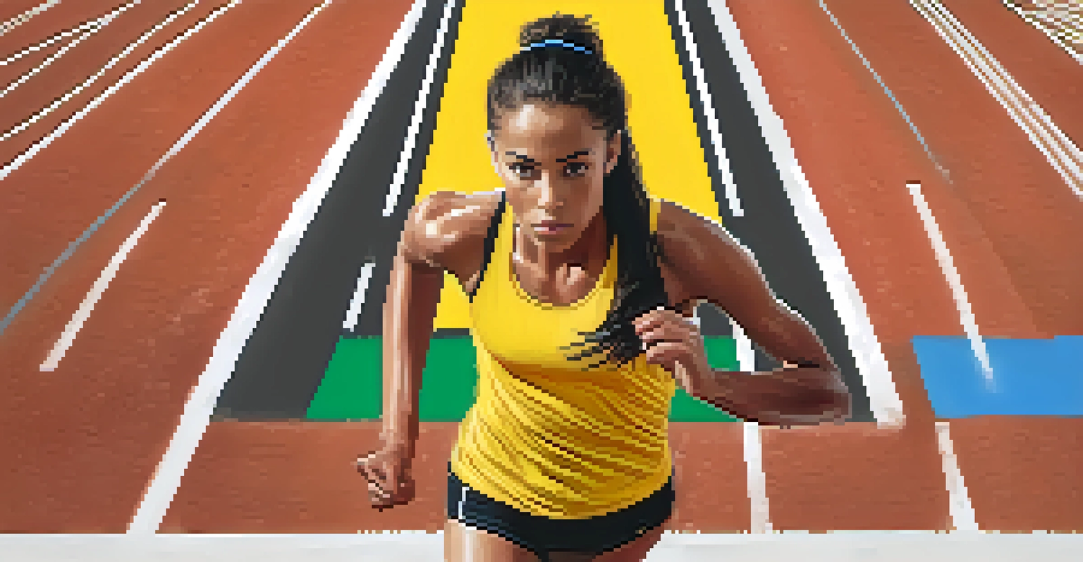 A close-up portrait of a female track runner at the starting line, looking focused and determined.