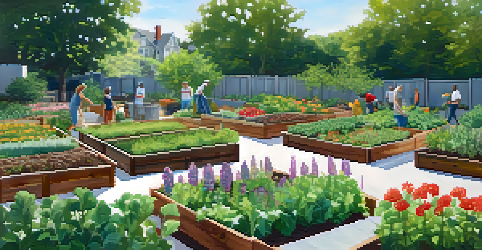A community garden in West End, Atlanta, with residents tending to plants and enjoying the peaceful setting.