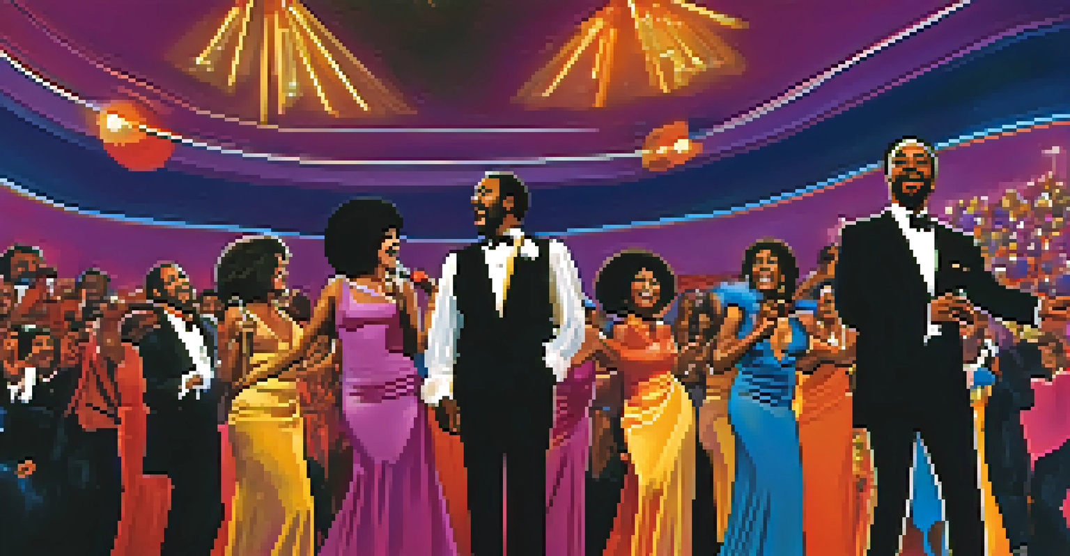 Gladys Knight and the Pips performing in a 1970s Atlanta club with disco lights and a vibrant audience.