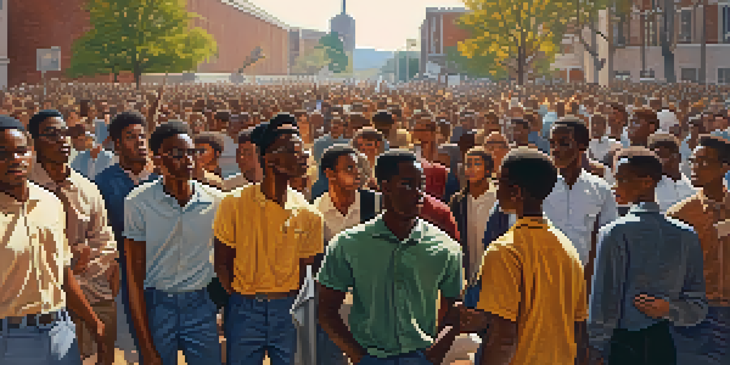 A diverse group of young African American students holding placards and banners during a peaceful protest on a university campus in the 1960s, illuminated by warm sunlight.