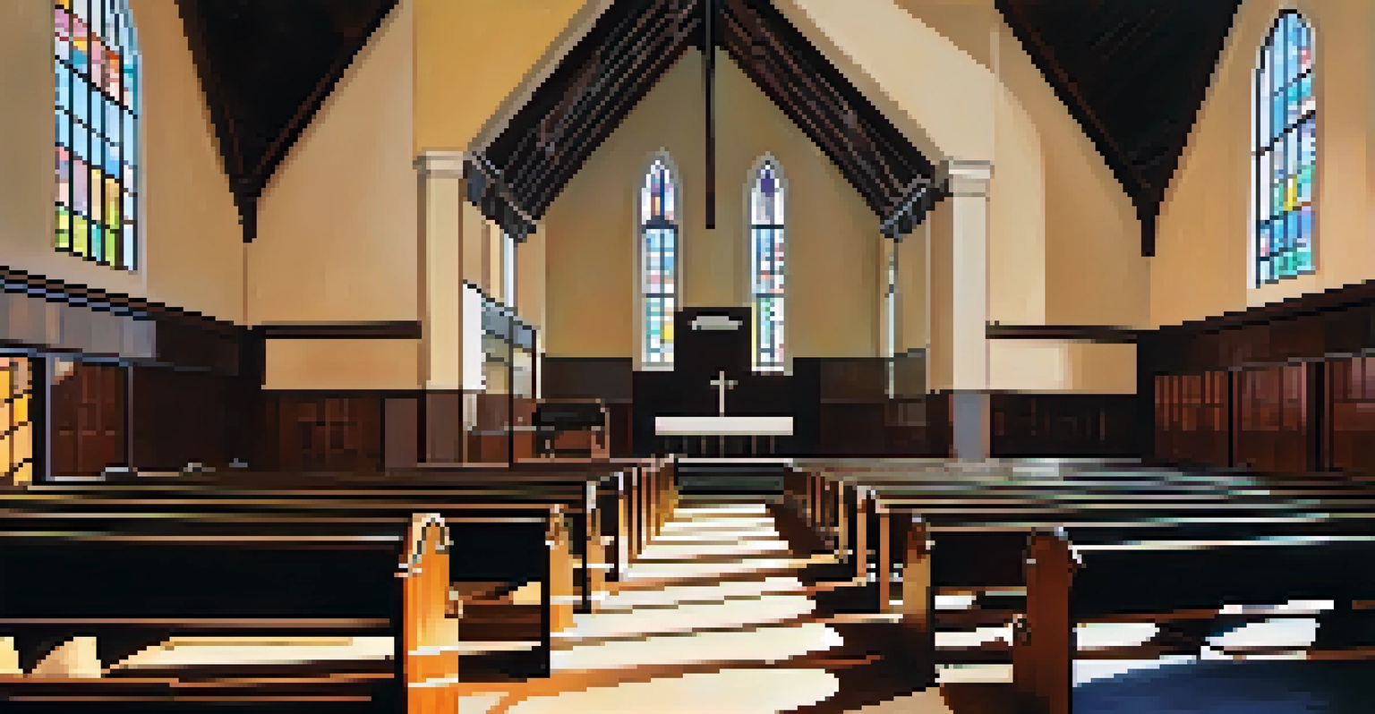 The interior of Ebenezer Baptist Church in Atlanta, showcasing sunlight through stained glass windows, emphasizing its historical significance in the Civil Rights Movement.