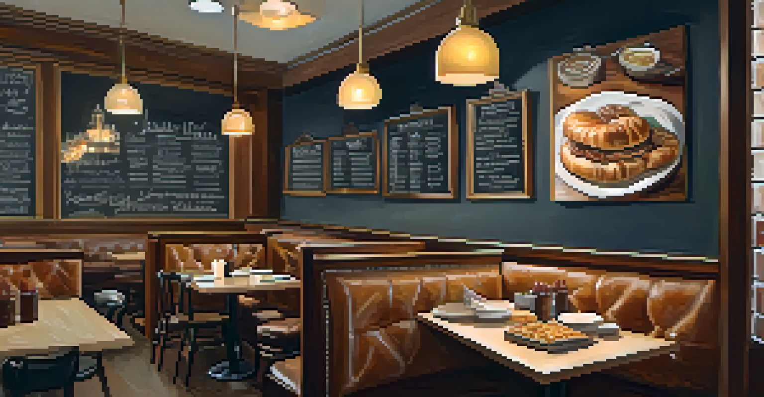An inviting interior of a Jewish deli with a table set with delicious Jewish cuisine and a chalkboard menu in the background.