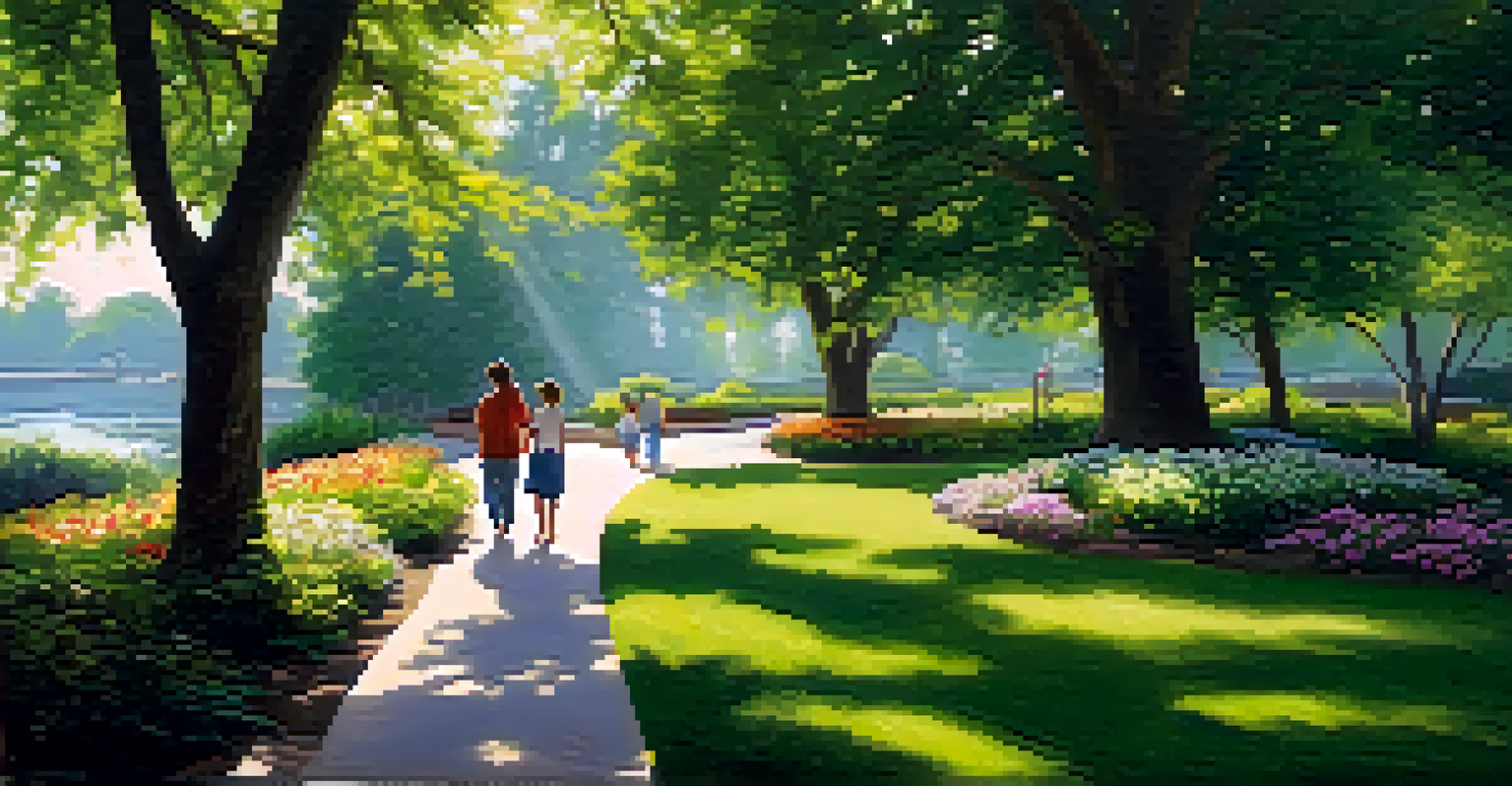 A serene park scene with a winding path, lush greenery, and sunlight filtering through the trees, featuring a couple walking and a child playing.