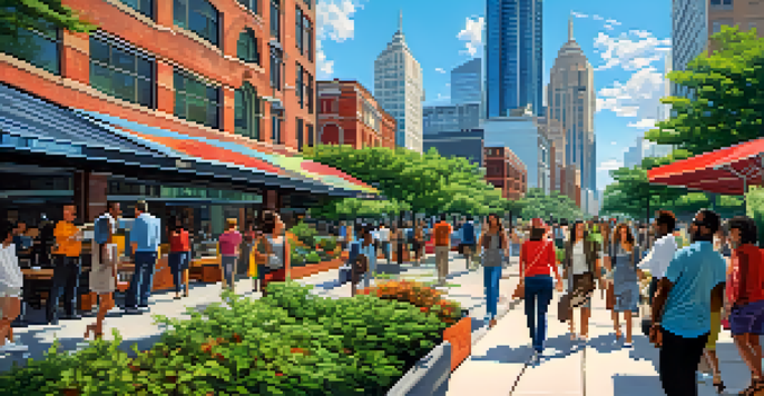 A vibrant downtown Atlanta with modern buildings and tech entrepreneurs discussing ideas on the sidewalks under a blue sky.