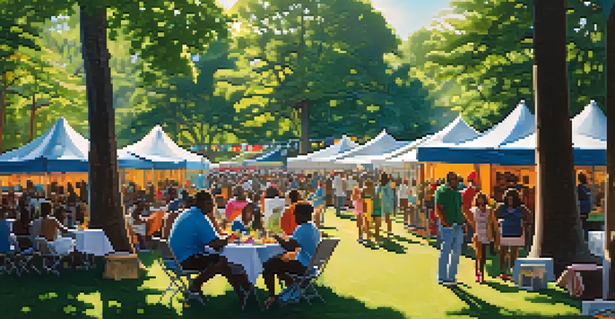 A lively outdoor festival scene with musicians performing and a diverse crowd enjoying the festivities under the trees.