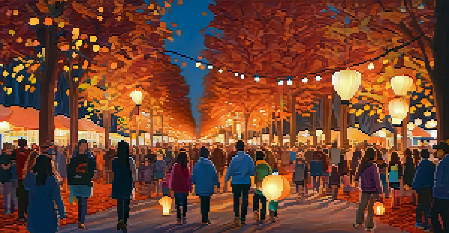 A magical fall evening at the Atlanta BeltLine Lantern Parade with participants carrying glowing lanterns among autumn leaves.