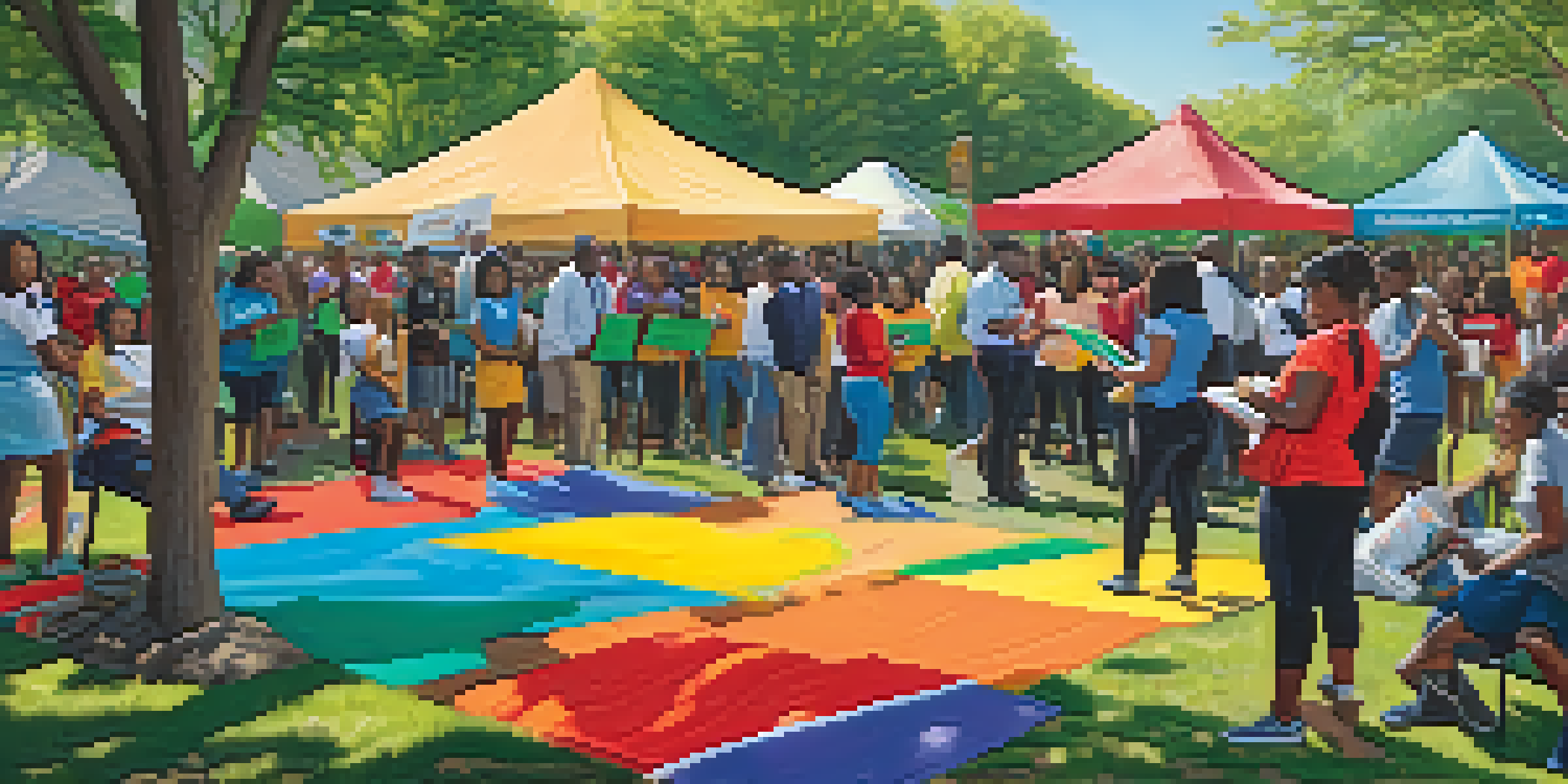 A group of diverse students participating in a community service event in a park, with colorful banners and educational materials around them.