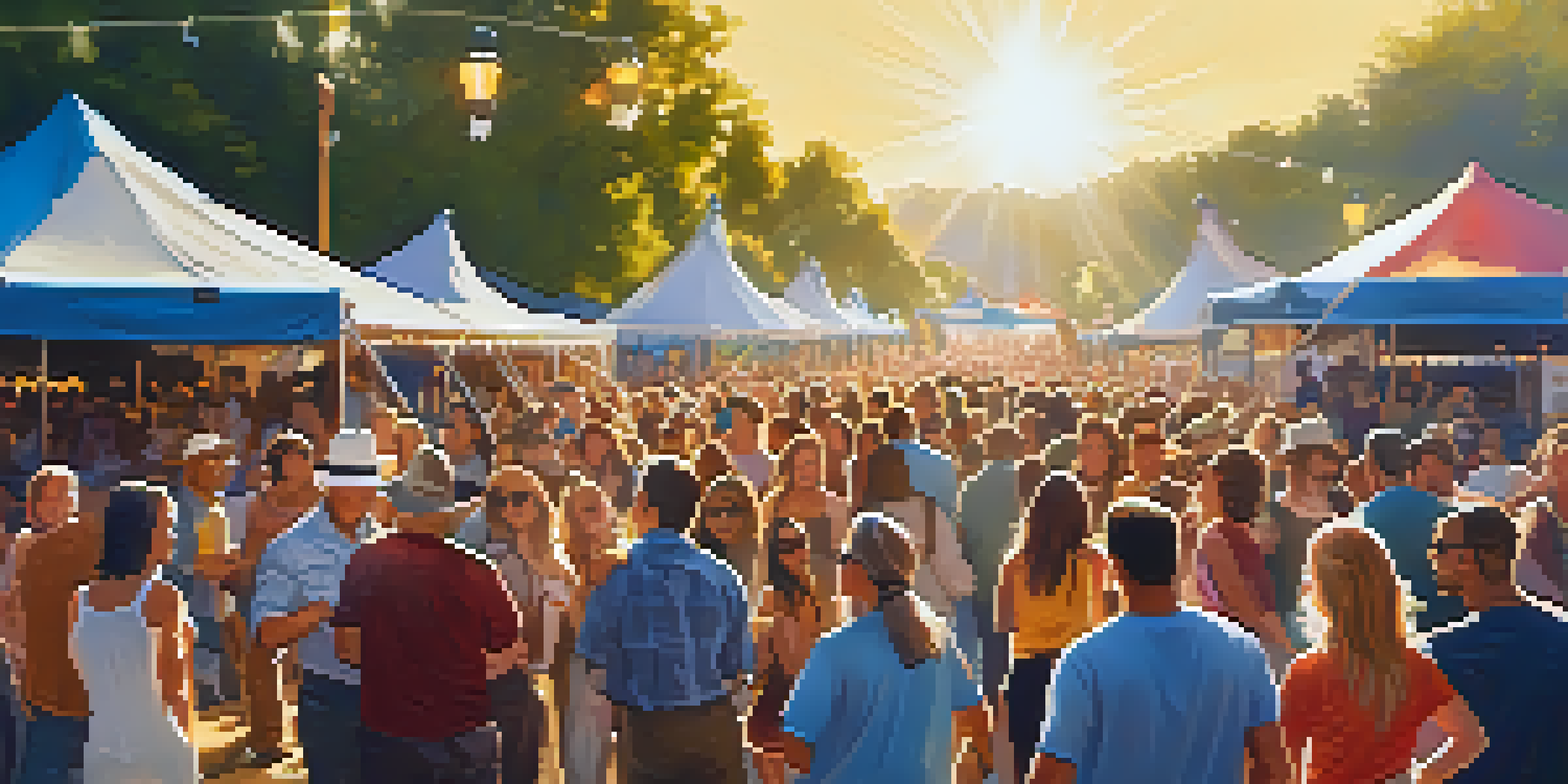 A lively outdoor festival with a diverse crowd enjoying country music, colorful banners, and food stalls under warm sunlight.
