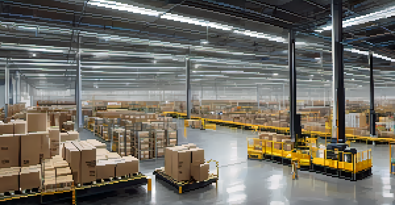 A modern warehouse showing automated systems and workers managing inventory with technology, highlighting efficiency in logistics.