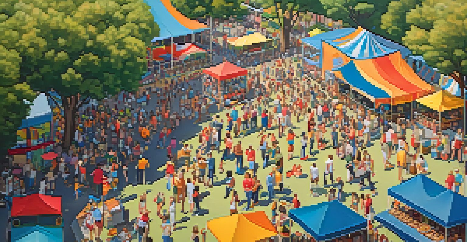 Aerial view of the Inman Park Festival with colorful tents and crowds, surrounded by historic homes and green spaces under a blue sky.