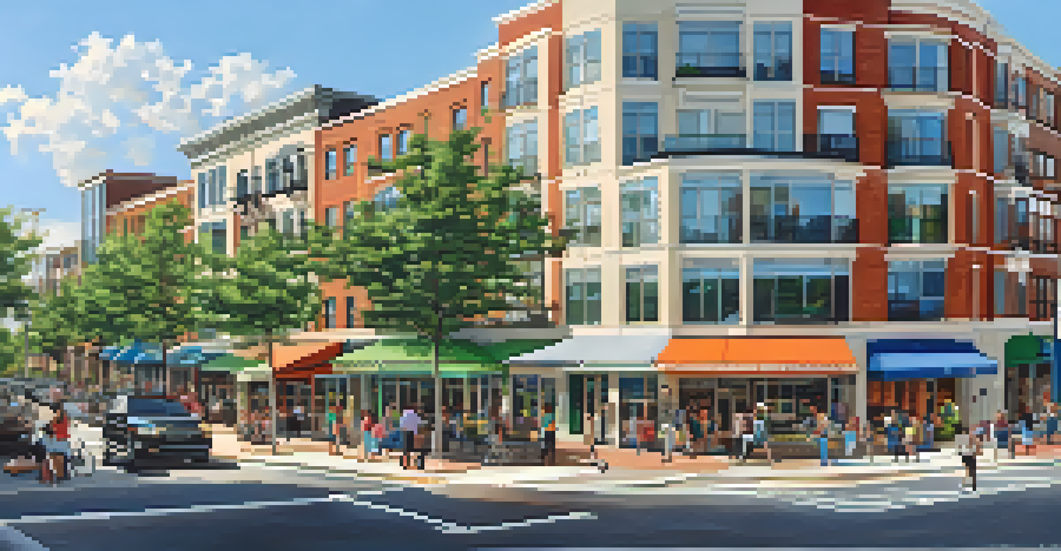 A lively neighborhood in Midtown Atlanta with mixed-use buildings and green spaces filled with people.