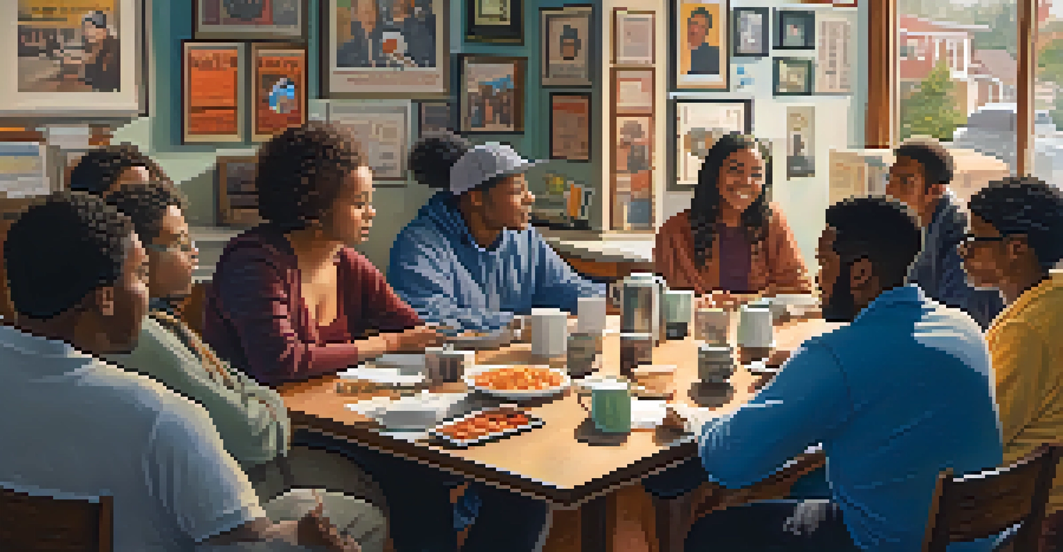 A community meeting with local activists discussing social issues around a table with coffee and snacks in a warmly lit room.