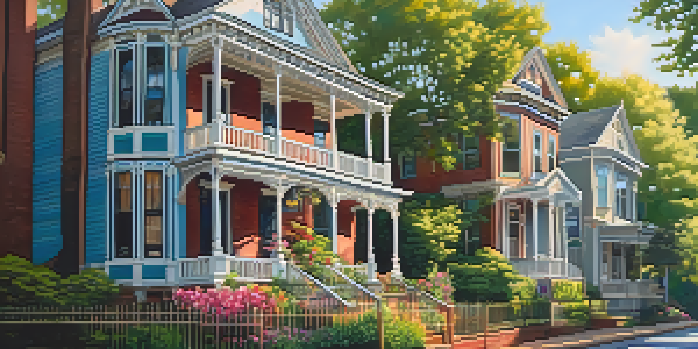 A colorful street in Inman Park, Atlanta, featuring ornate Victorian homes and blooming flowers in daylight.