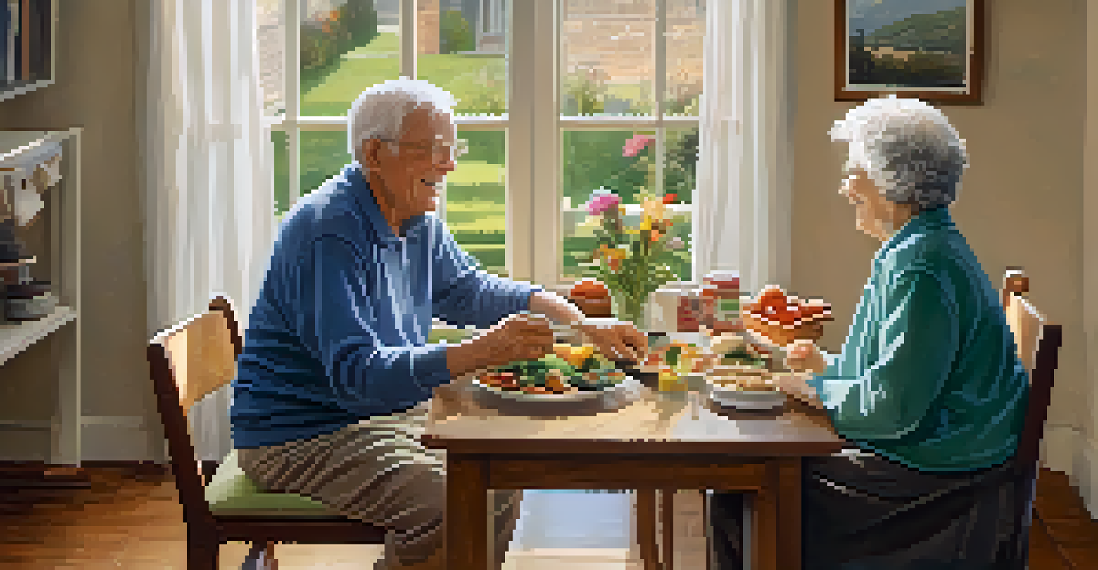 A volunteer delivering a meal to a smiling elderly person in a cozy living room, showcasing warmth and community connection.