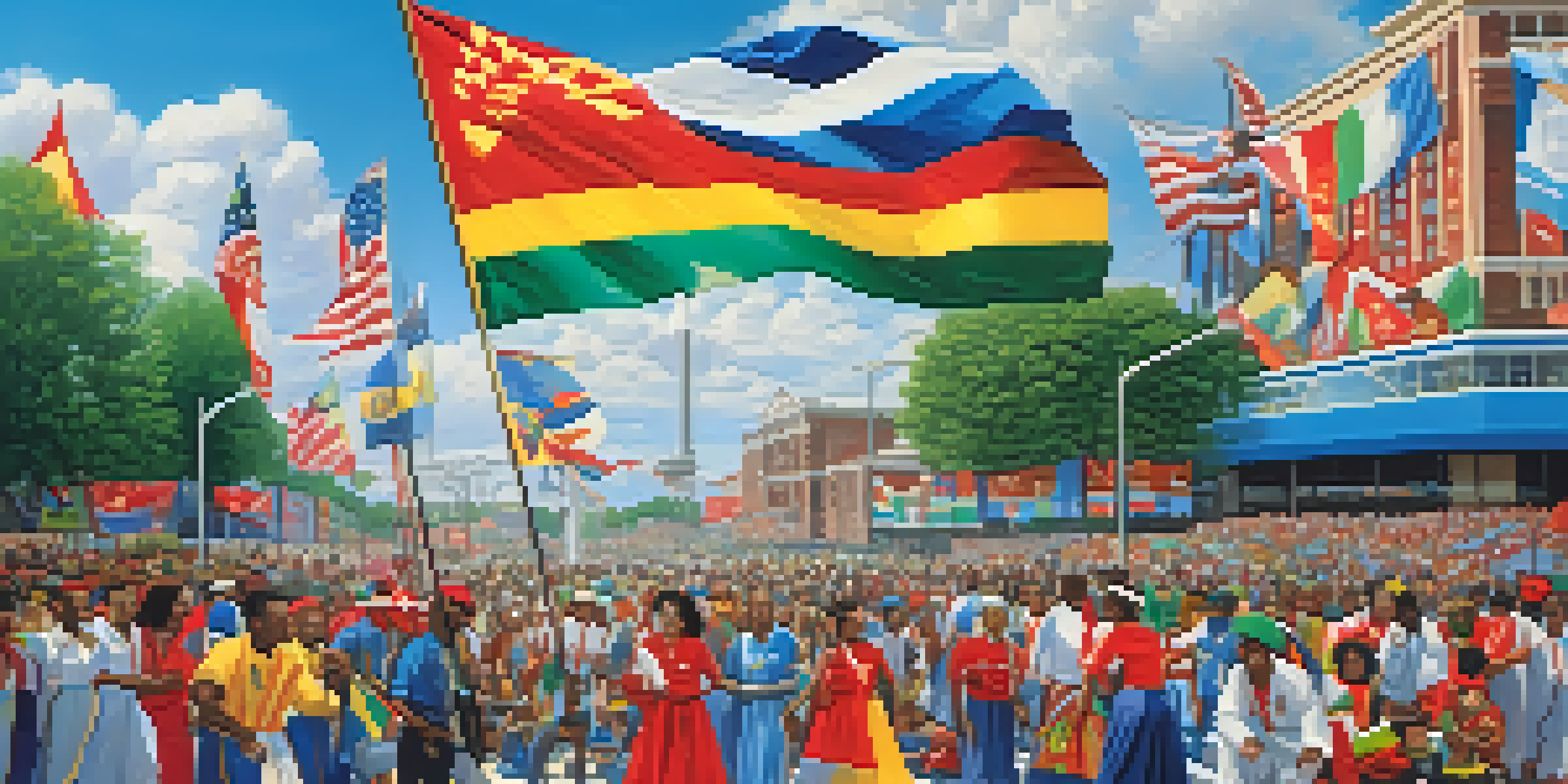 A busy street in Atlanta during the 1996 Olympics, filled with athletes in traditional costumes and colorful flags, with spectators enjoying the festivities.