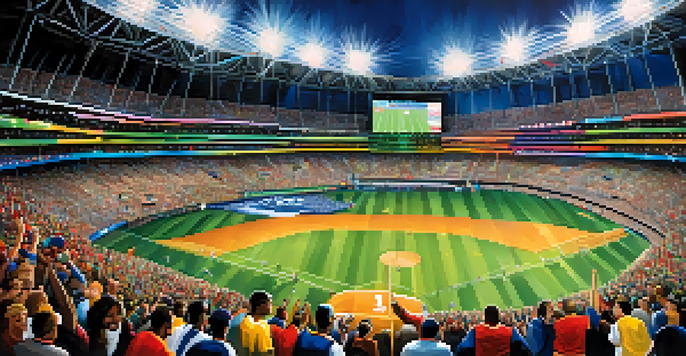 A crowded stadium filled with enthusiastic fans in Atlanta, cheering for their team under bright stadium lights with the city skyline in the background.