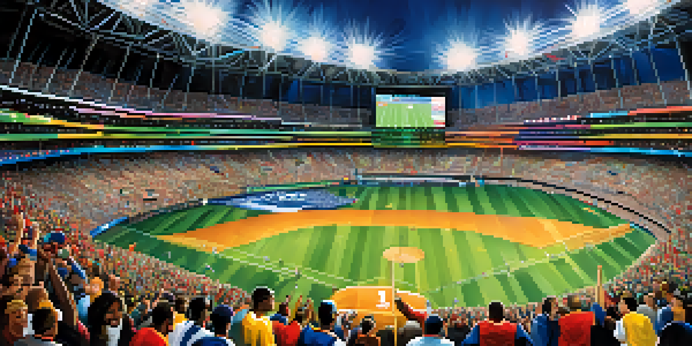 A crowded stadium filled with enthusiastic fans in Atlanta, cheering for their team under bright stadium lights with the city skyline in the background.