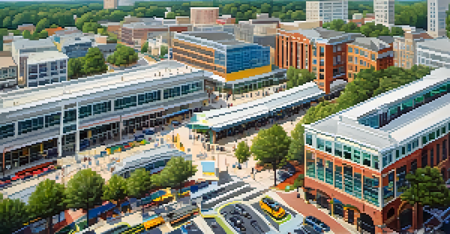 An aerial perspective of a MARTA station surrounded by modern urban development, highlighting shops, green spaces, and residential areas that benefit from public transport access.
