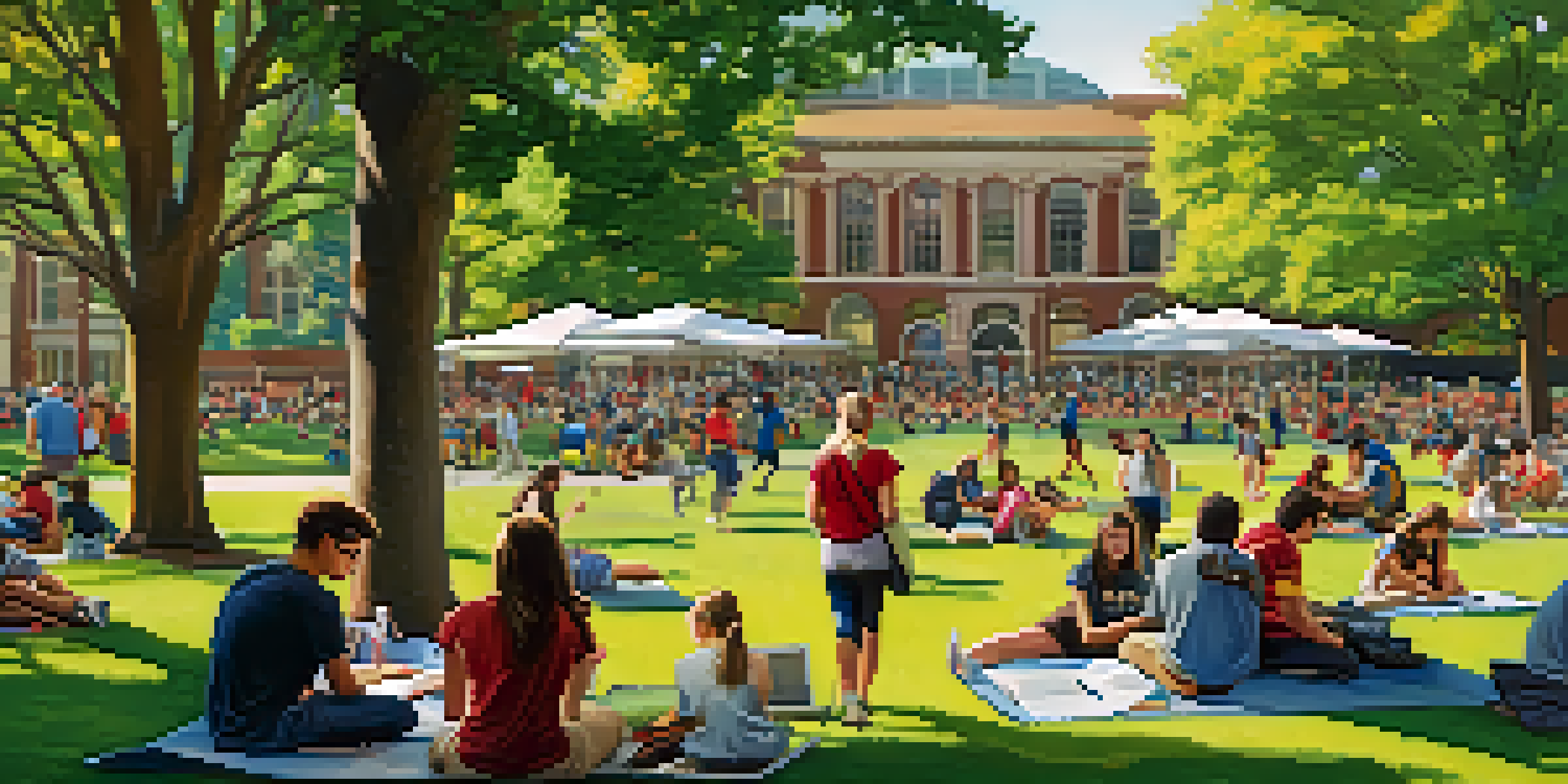 A lively university campus scene with students studying and socializing under the sun, surrounded by historic buildings and greenery.