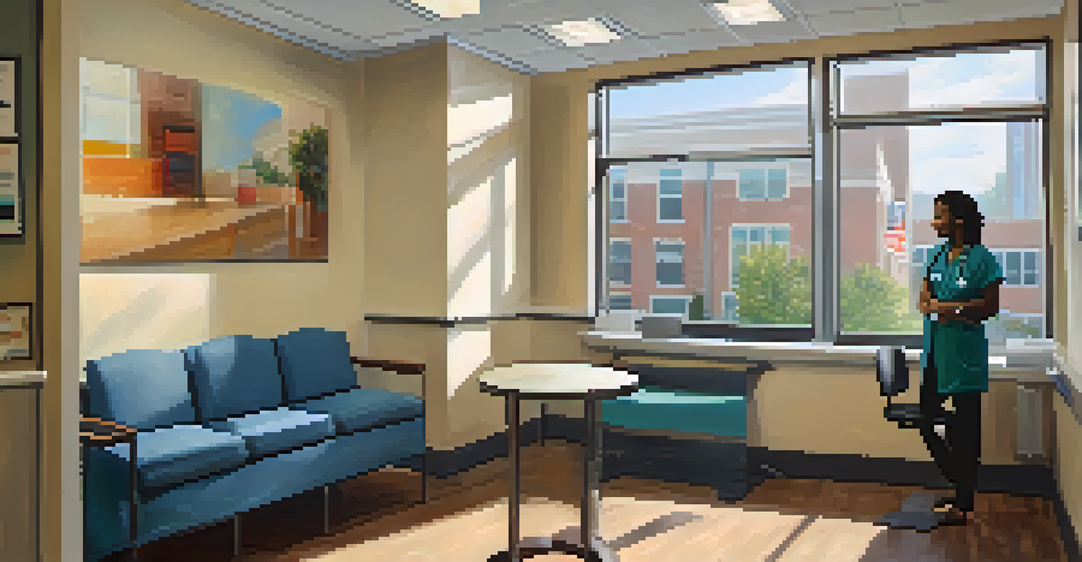 An interior view of a doctor's office with natural light, comfortable seating, and a doctor consulting with a patient.