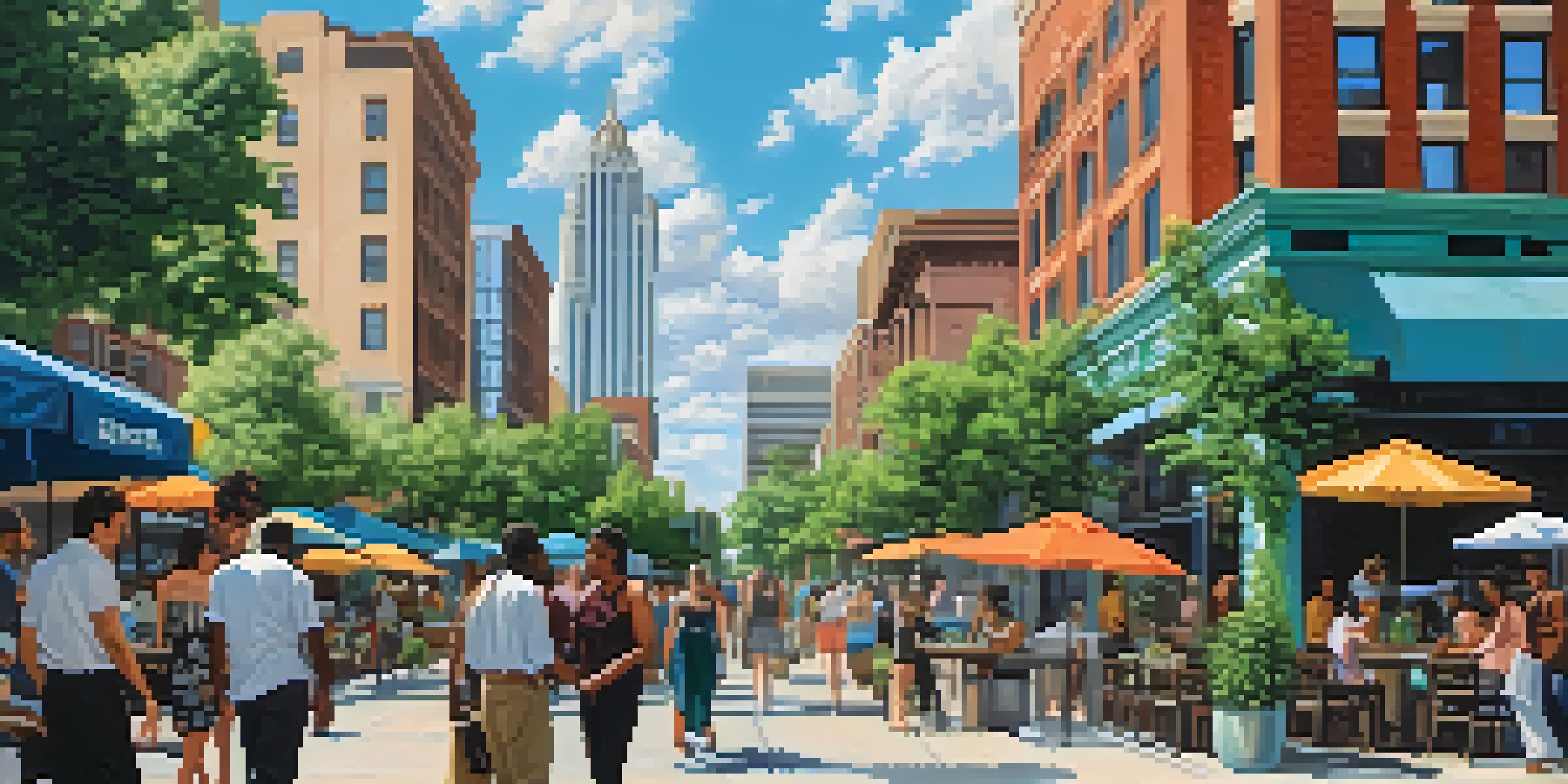A vibrant city street in Atlanta filled with diverse people and modern buildings, under a clear blue sky.