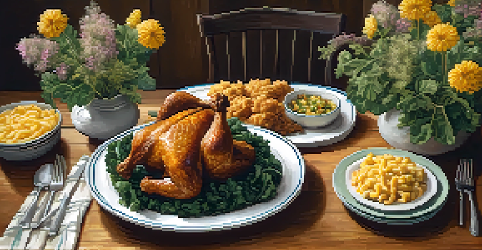 A Southern dining table with fried chicken and traditional sides, decorated with rustic tableware and wildflowers in warm lighting.