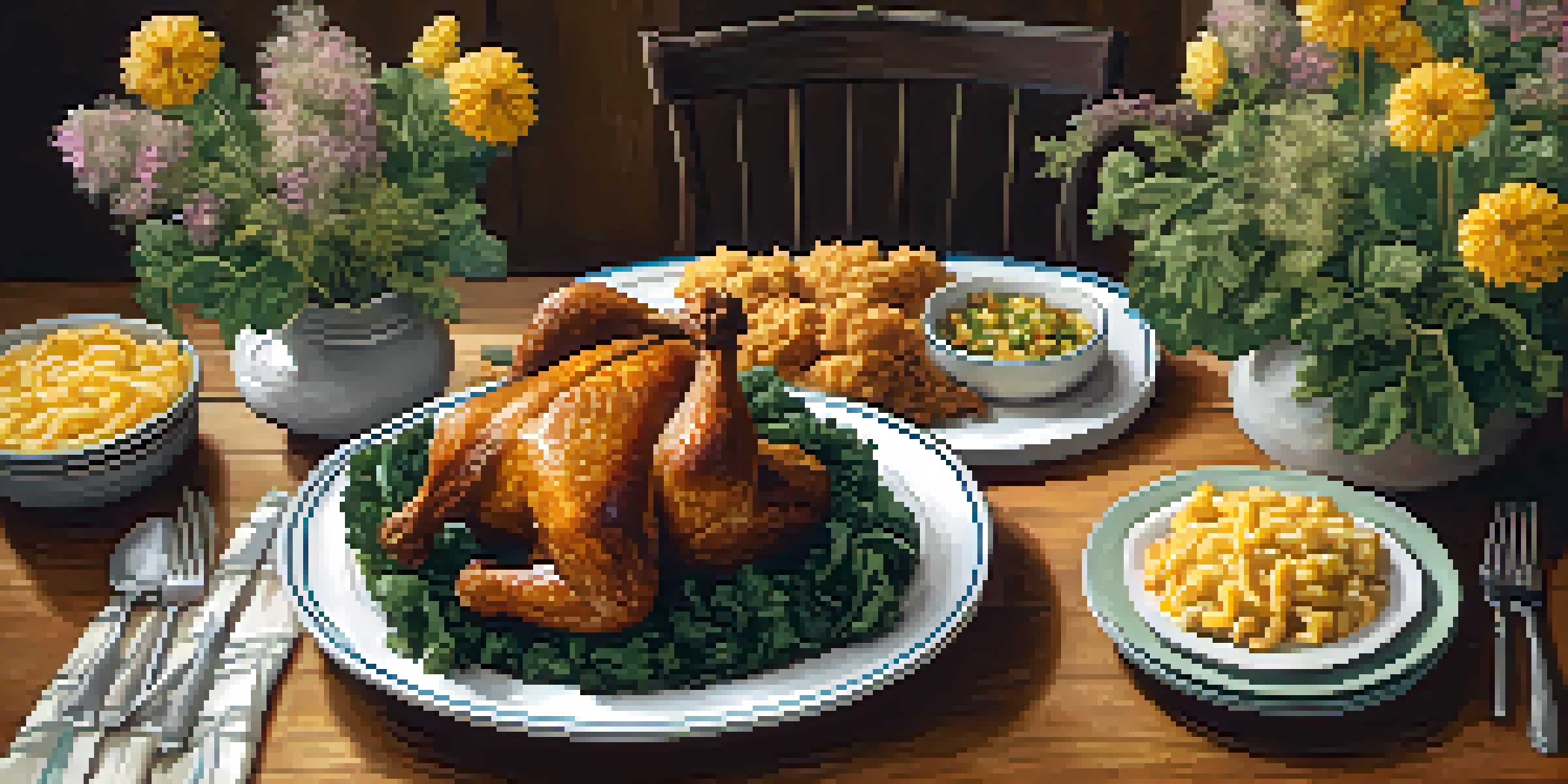 A Southern dining table with fried chicken and traditional sides, decorated with rustic tableware and wildflowers in warm lighting.
