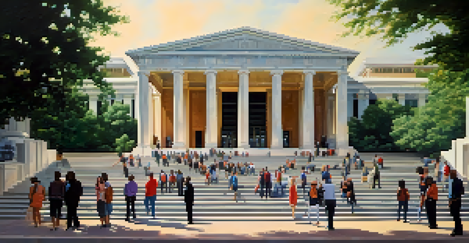 The entrance of the Atlanta Civic Center with people gathered and sunlight casting shadows.