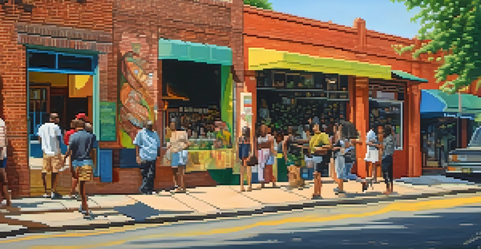 A lively street in Atlanta's Little Five Points with colorful murals, unique shops, and diverse individuals interacting under the warm sunlight.