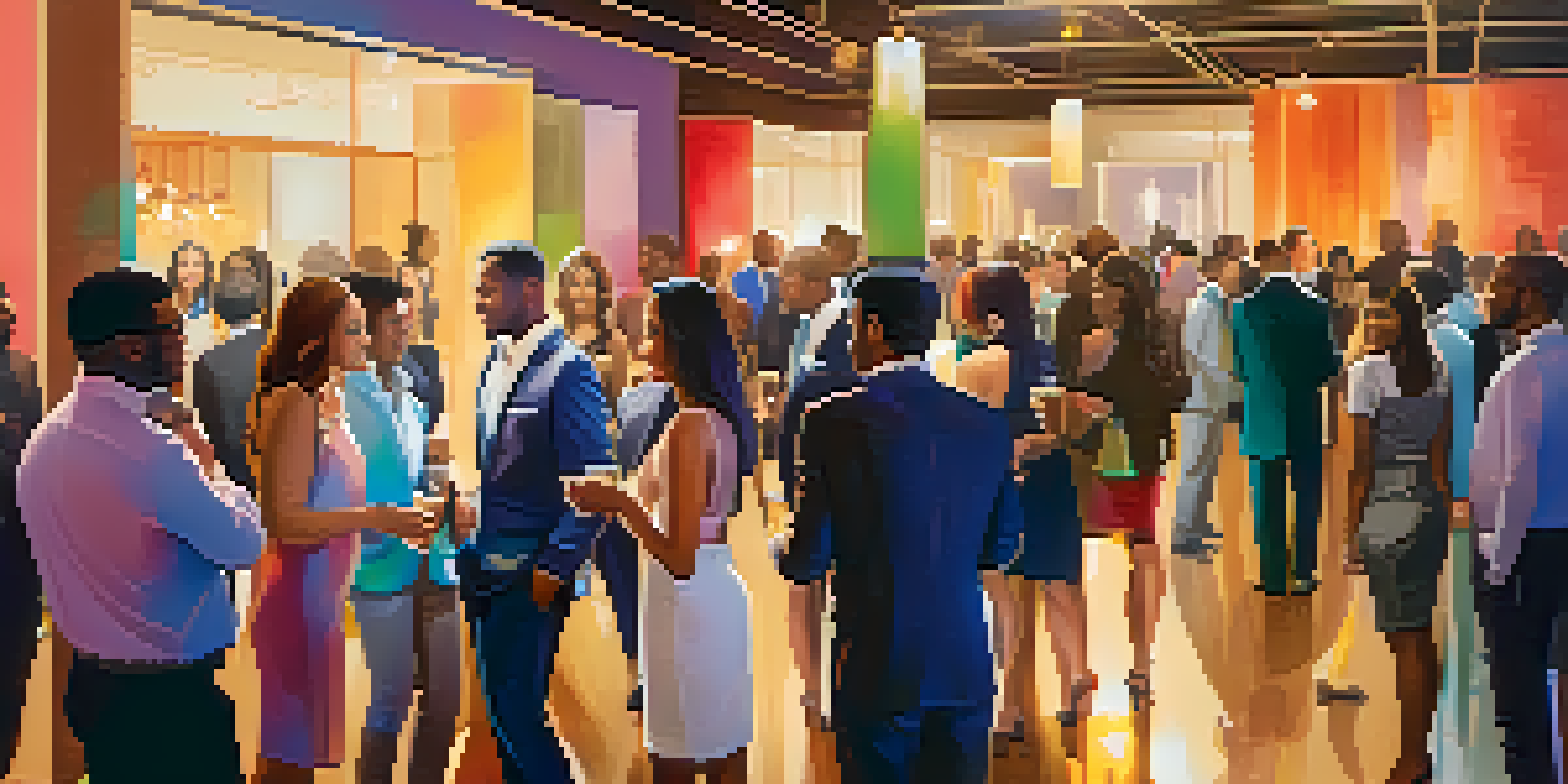 A lively networking event with diverse young professionals interacting in a modern venue, showcasing vibrant decor and soft lighting.