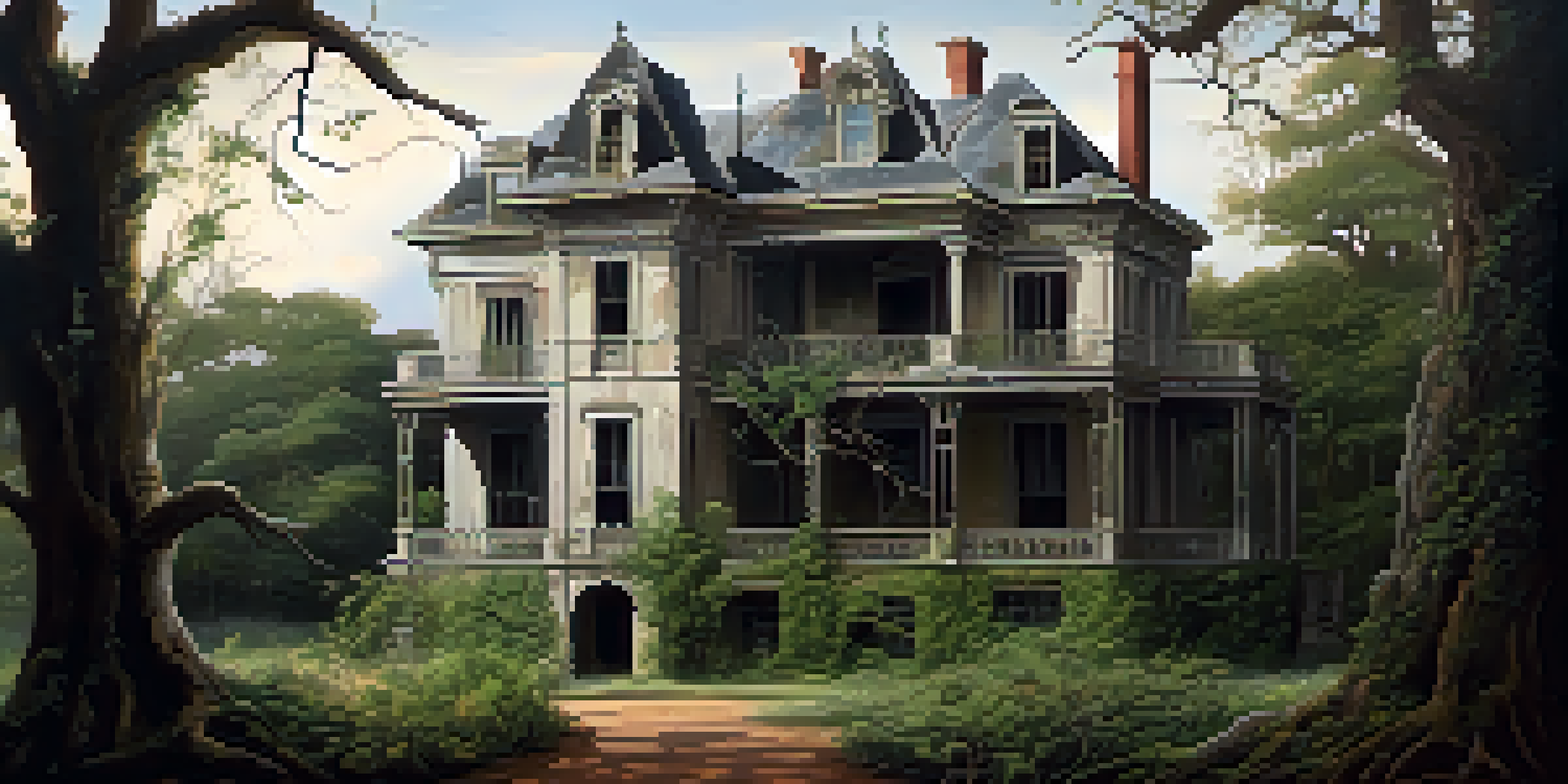 A decaying old mansion in a Southern Gothic landscape, surrounded by overgrown plants and a moody sky.