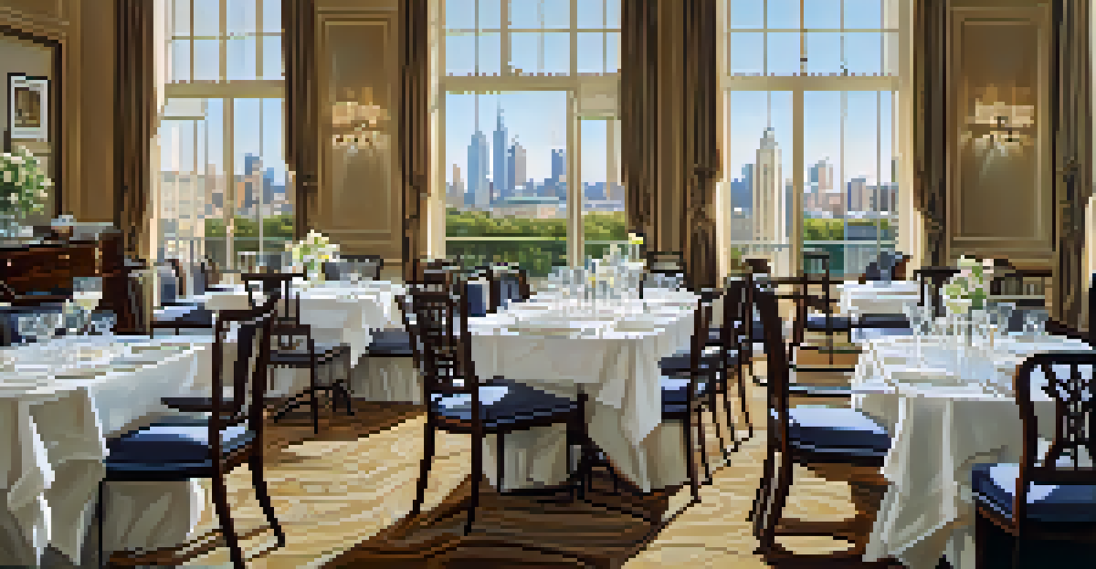 A beautifully set dining area with a view of the Atlanta skyline in a historic hotel.