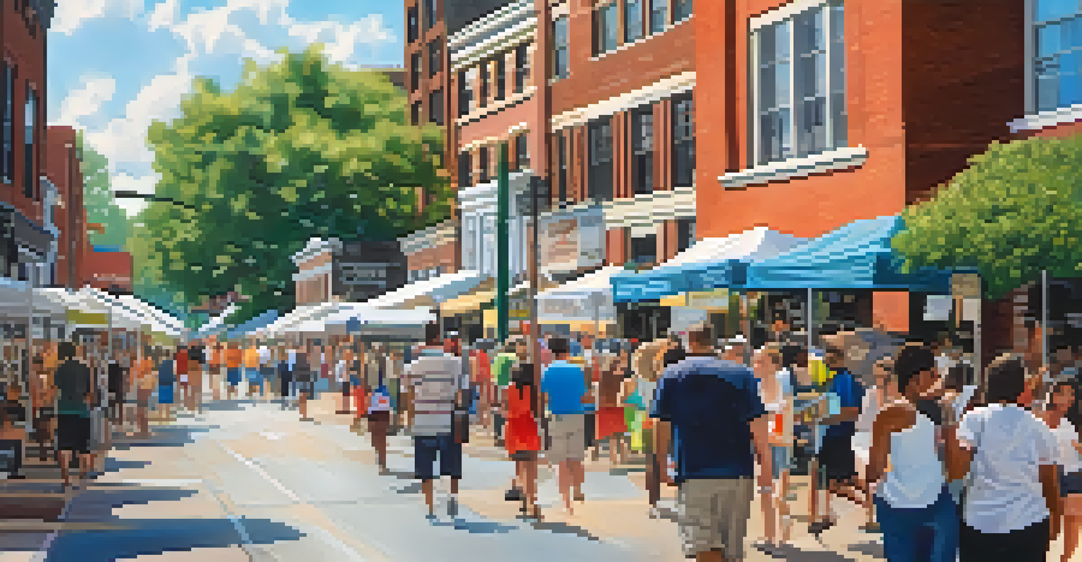 A bustling street scene at the Decatur Book Festival in Atlanta, with booths and enthusiastic readers.