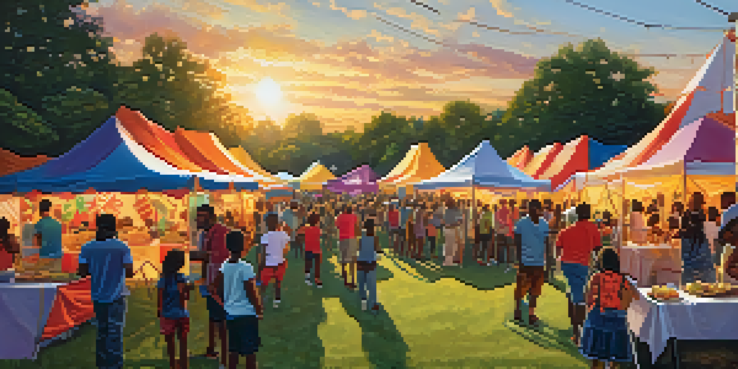 A lively community festival in Atlanta with diverse attendees enjoying food, music, and art under colorful tents during sunset.