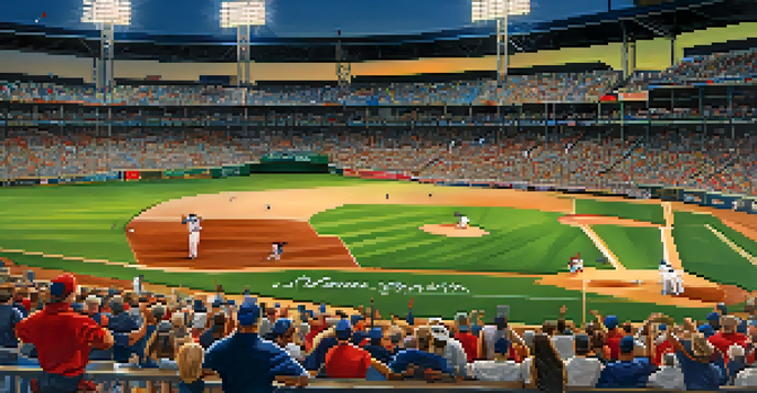 A lively baseball game at Truist Park with a diverse crowd cheering, warm sunset lighting, and players on the field.