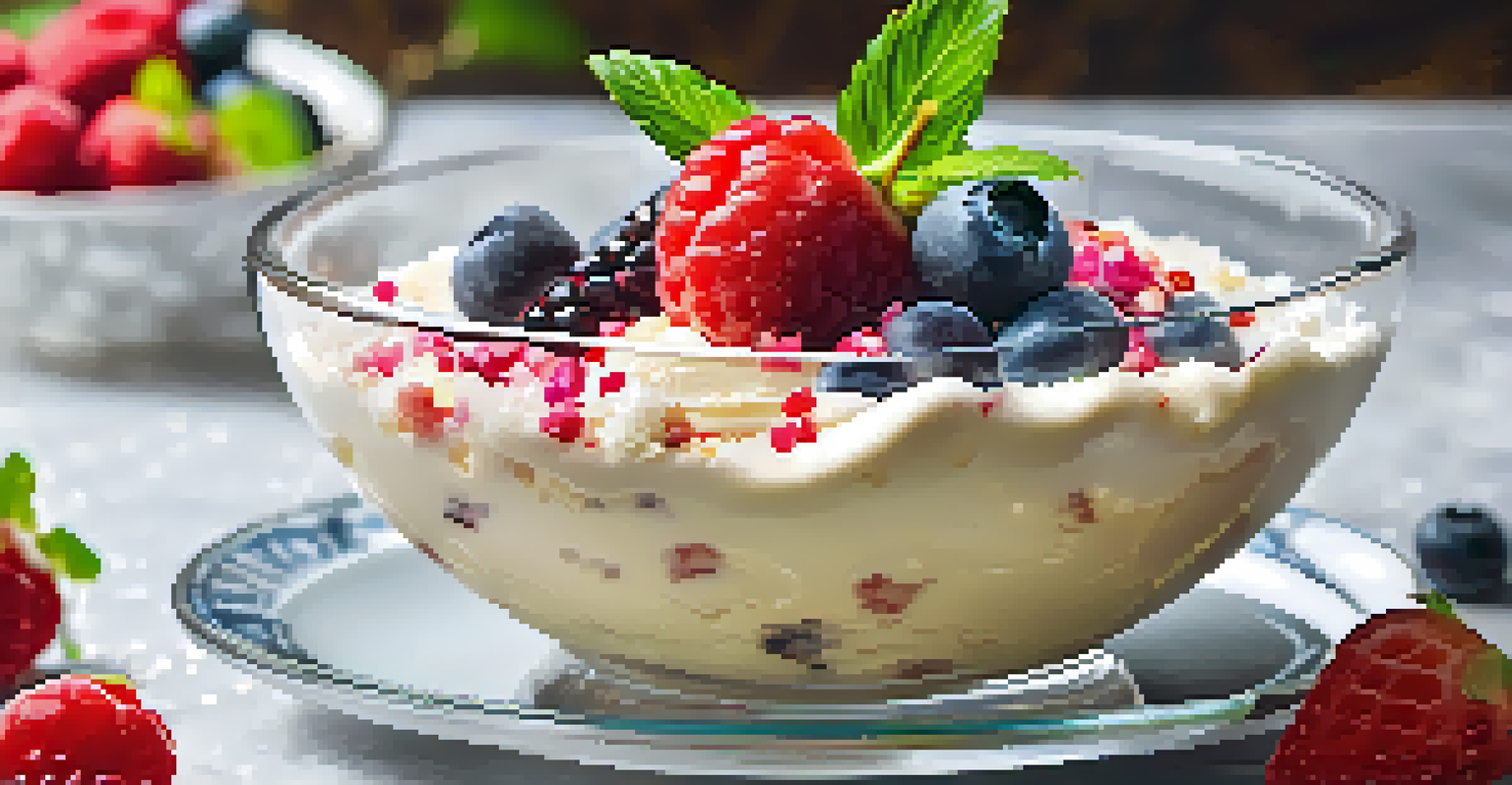 A close-up of a vegan ice cream dessert topped with fresh berries and coconut flakes in an elegant glass bowl.