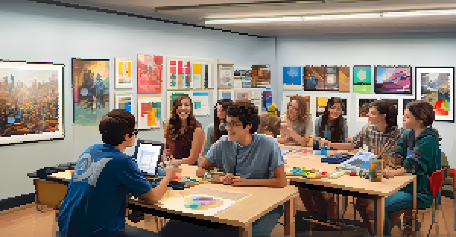 A classroom filled with aspiring filmmakers learning and collaborating with film equipment and engaging posters around them.