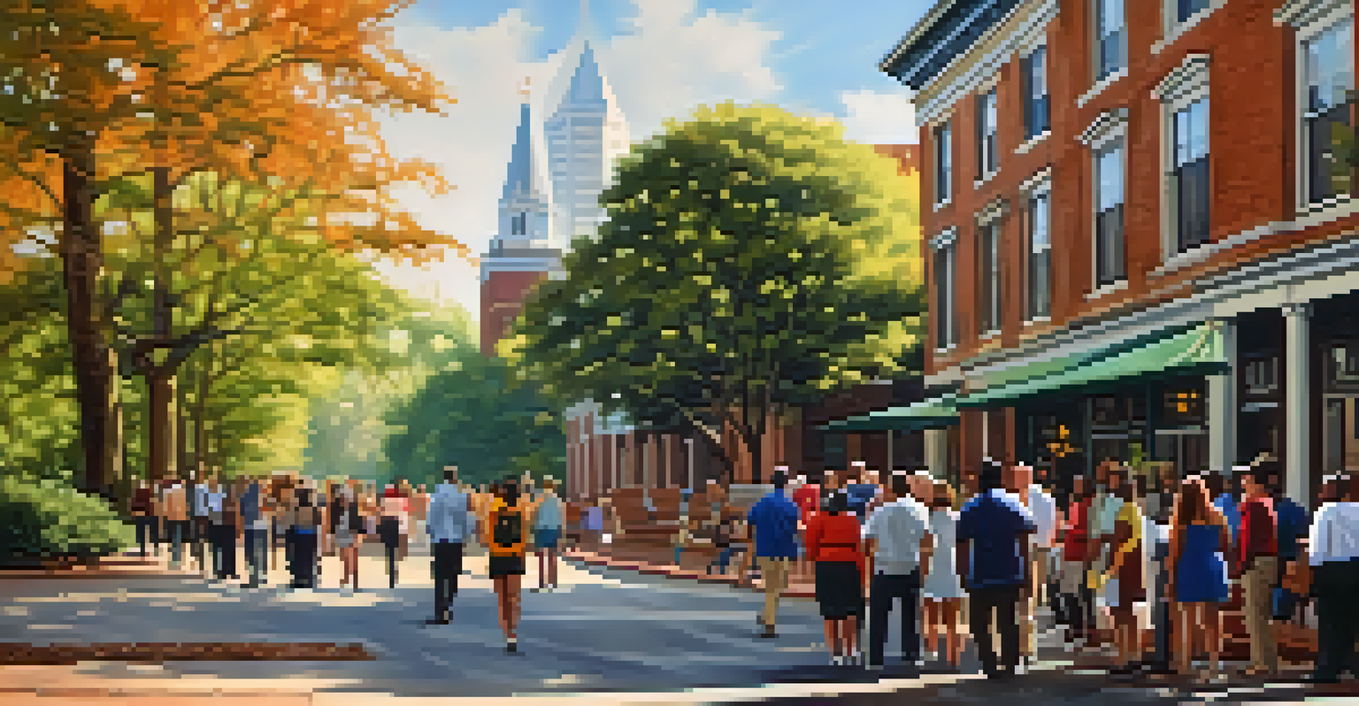 A group of diverse people on a walking tour in a historic neighborhood, surrounded by old buildings and trees.