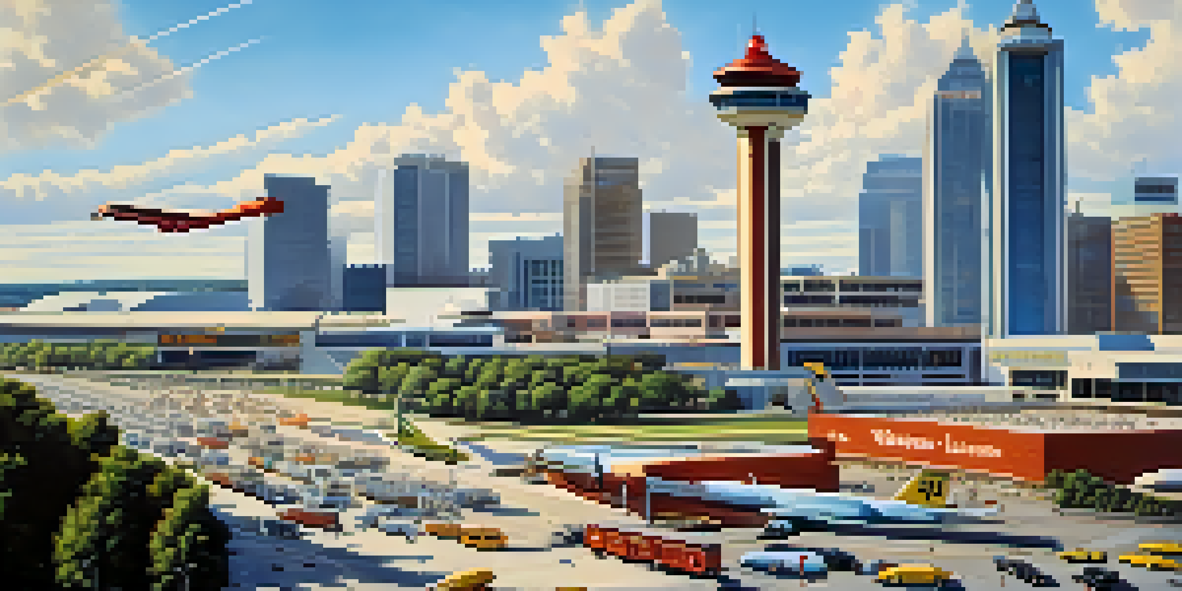 A busy urban scene in Atlanta with the airport and skyline in the background, and a highway filled with cars in the foreground.