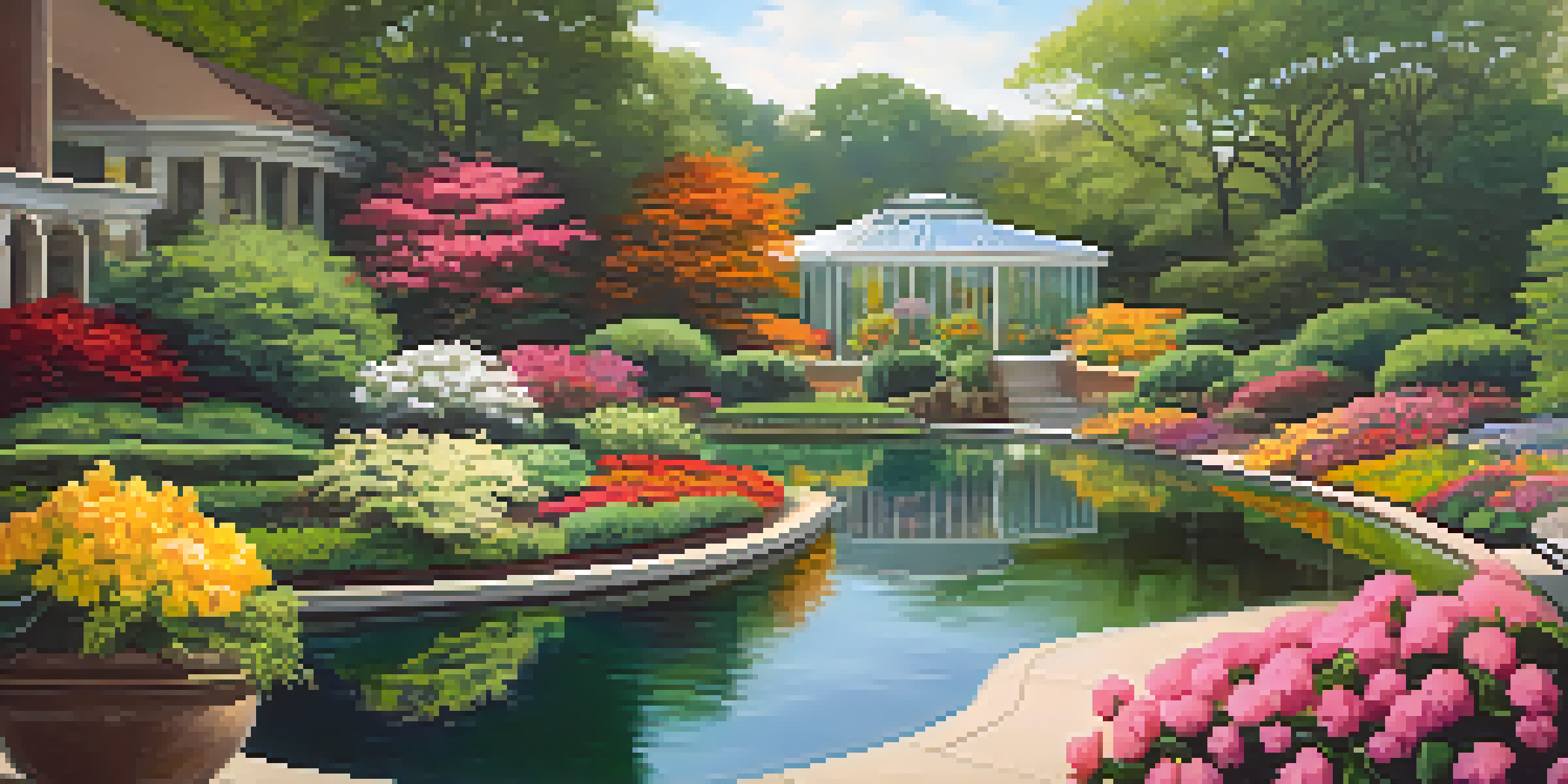 A beautiful garden filled with colorful flowers and exotic plants, with sunlit glass structures and a peaceful pond.