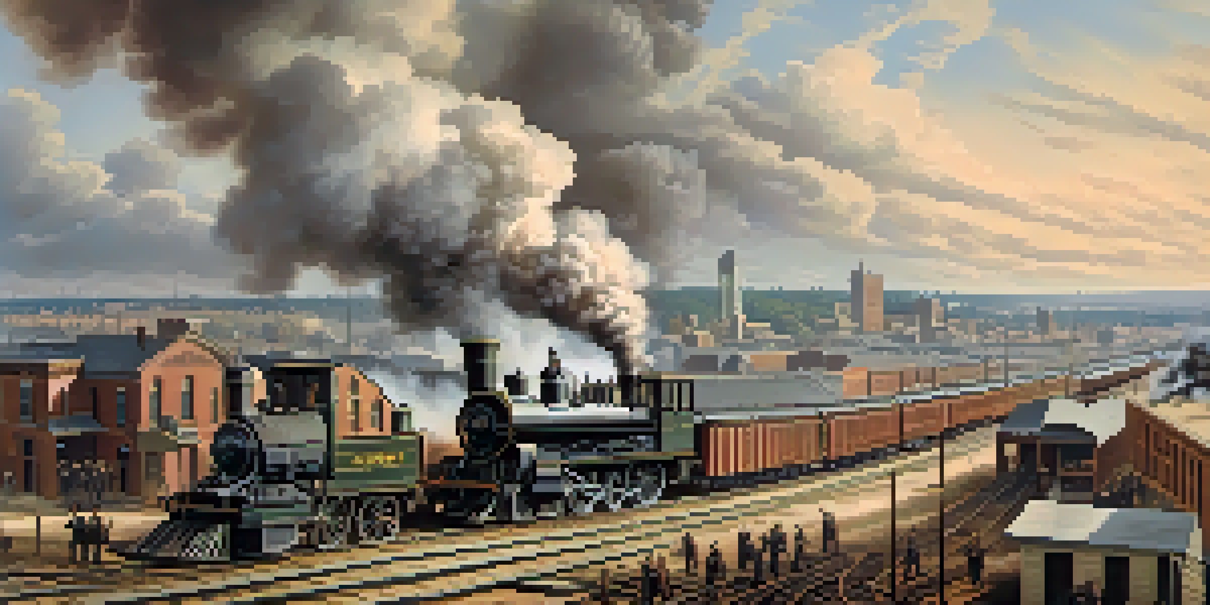 A historical panorama of Atlanta during the Civil War, depicting steam trains and soldiers amidst period architecture.