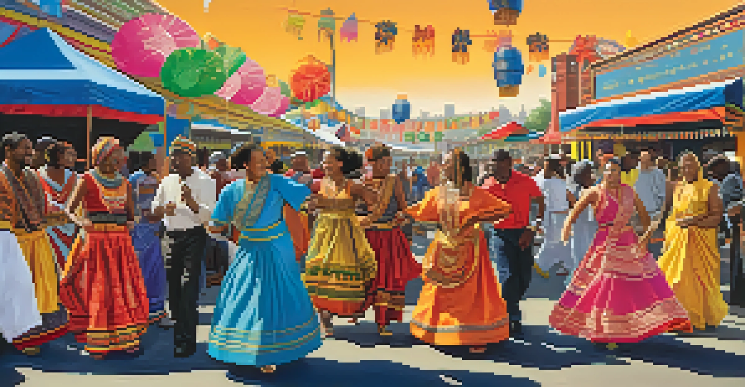 A lively cultural festival in Atlanta with diverse people in traditional clothing.
