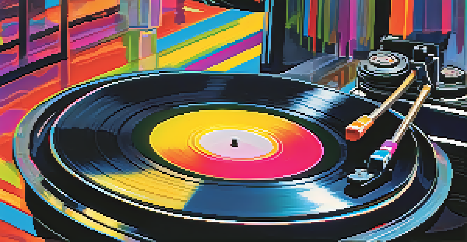 A close-up of a spinning vinyl record on a turntable with colorful lights reflecting in the background of a live concert.