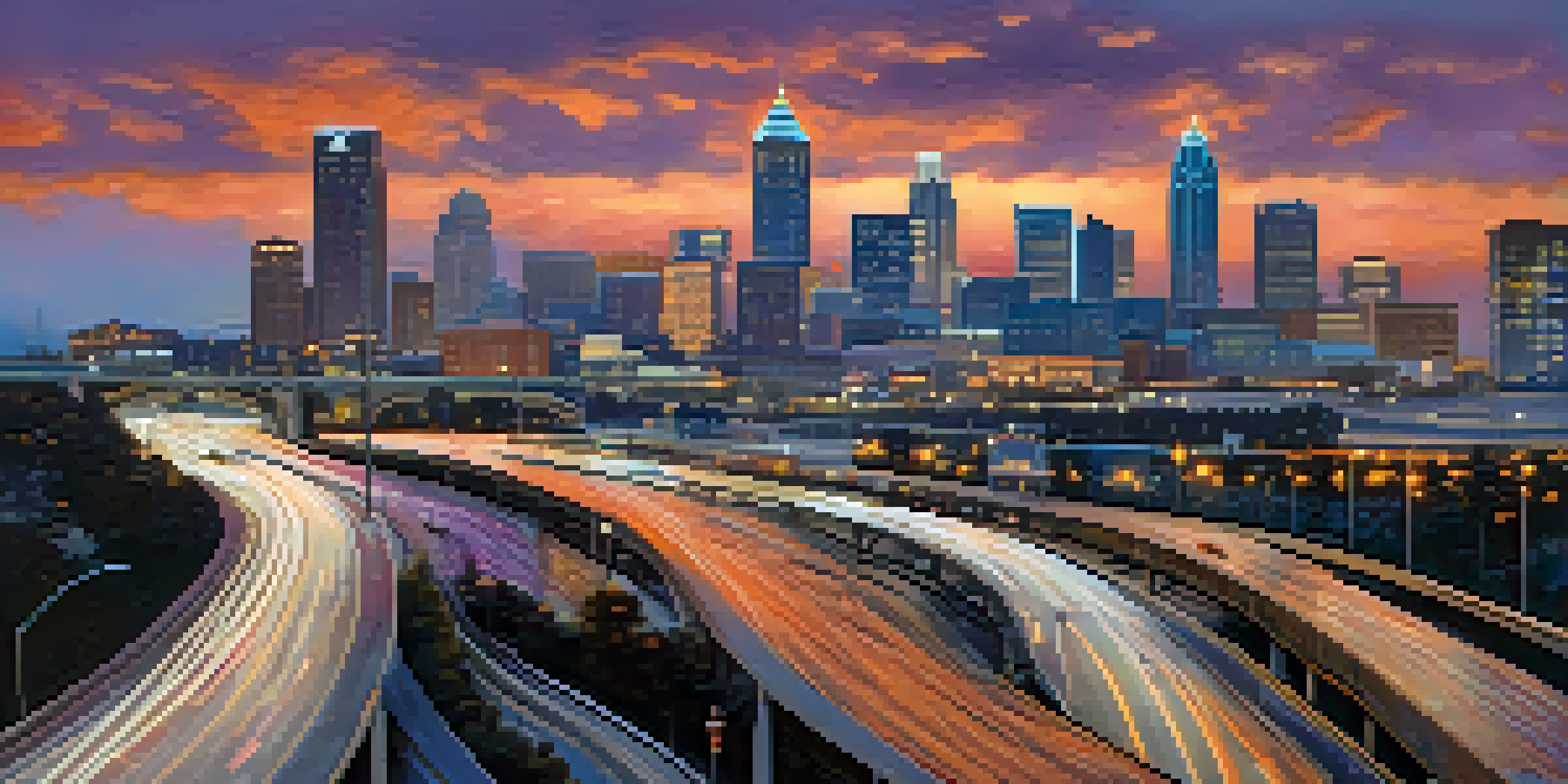 A panoramic view of Atlanta's skyline at dusk with city lights and a busy highway.