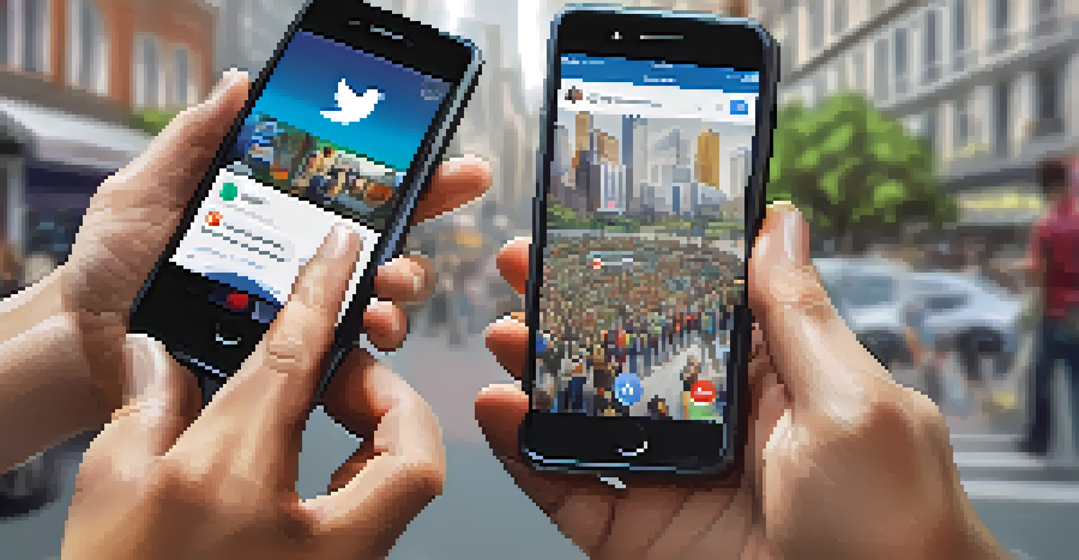 Close-up of hands holding smartphones with social media apps, with a blurred group of people discussing local issues in the background.