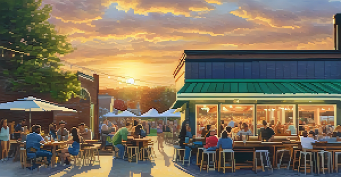 A lively outdoor brewery scene in Atlanta with people enjoying drinks at picnic tables, a food truck serving tacos, and warm sunset lighting.